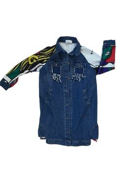 Kate Hewko Long Denim Jacket Pop Art Graphic Mixed Media Statement Coat